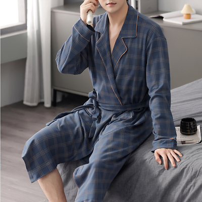 Men Check Cotton Bathrobe Sleepwear Dressing Gown Kimono Robe