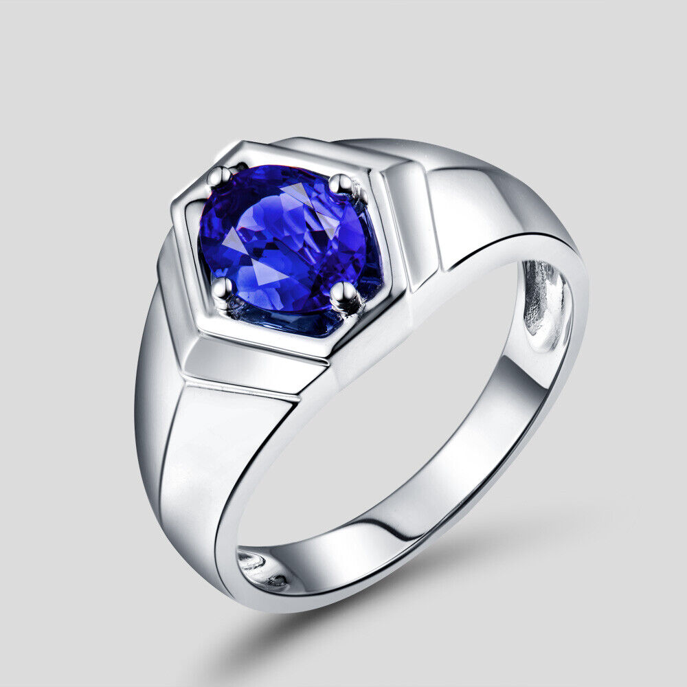 Pre-owned Frankjewelry New14k White Gold Engagement 6x8mm Oval Blue Tanzanite Mens Gemstone Ring