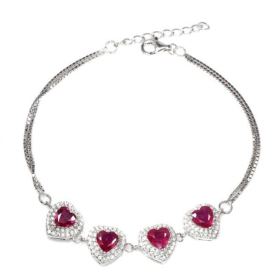 Bracelet Pink Ruby Heart Genuine Mined Gems Solid Sterling Silver
