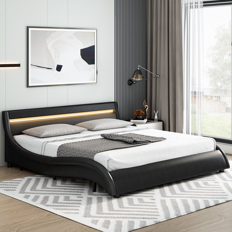 Low Profile Sleigh Platform Bed Frame Faux Leather Headboard LED Lights Queen
