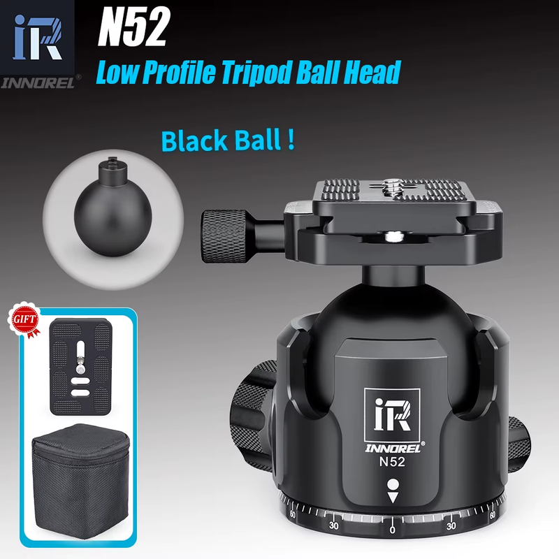N52 Black Panoramic Low Profile Tripod Ball Head, Double U Notch Ultra-low Spher