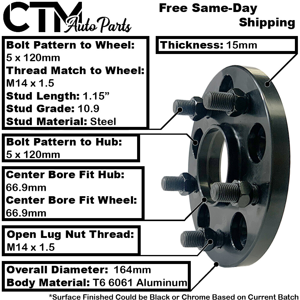 2x 15mm Thick 5x120 66.9mm Bore HubCentric Wheel Spacer Fit Buick Cadillac Chevy