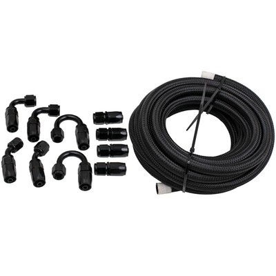 20FT AN6 -6AN Nylon Braided Oil Fuel Line + 10 Pcs Fitting Adaptor Kits Black