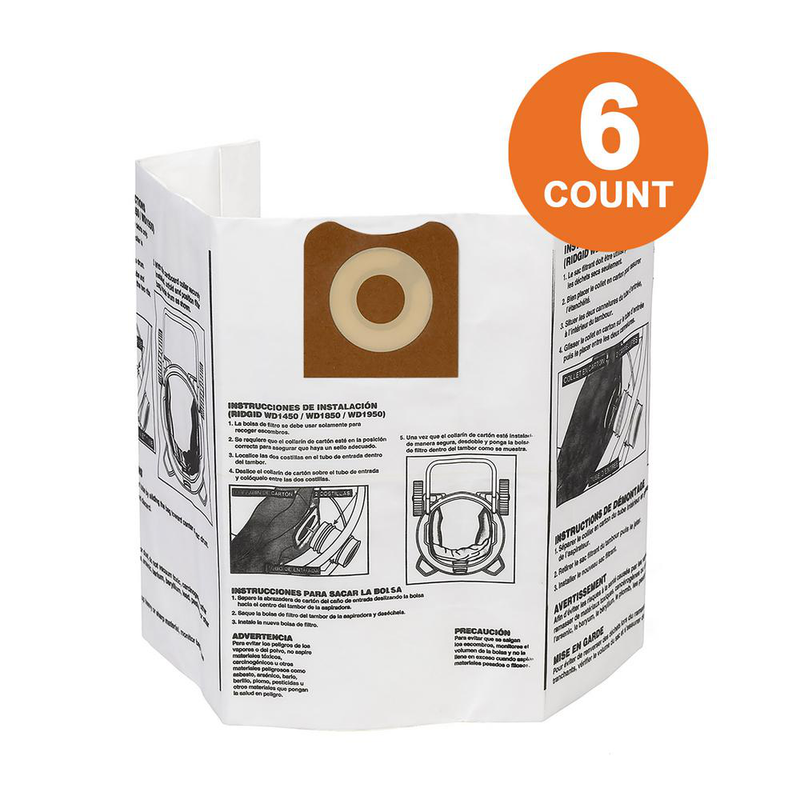 High Efficiency Dust Bags for 12 to 16 Gallon Wet Dry Shop Vacs 6 Pack