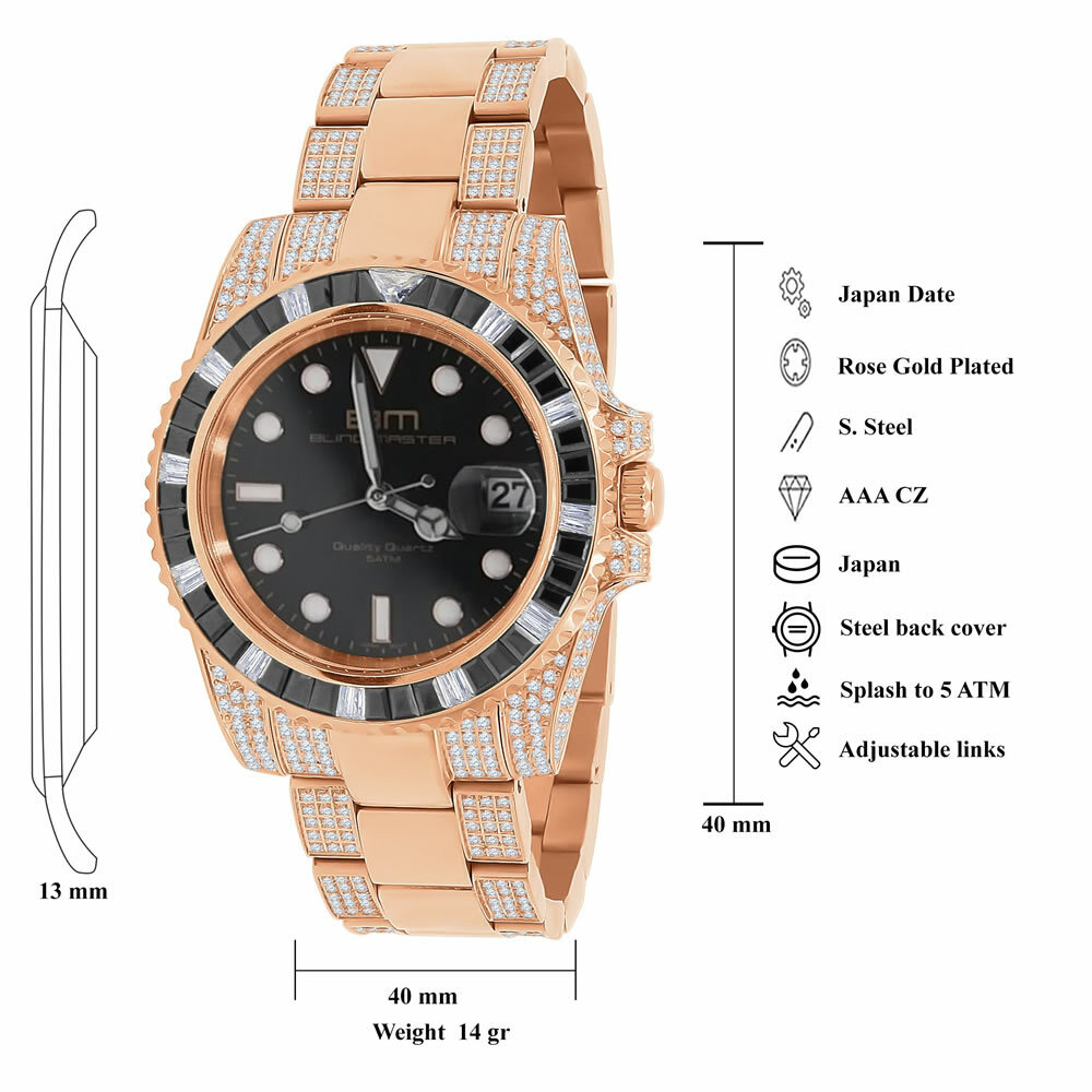 Pre-owned Bling Master 18k Rose Gold Finish Full Stainless Steel Simulated Diamond Mens President Watch