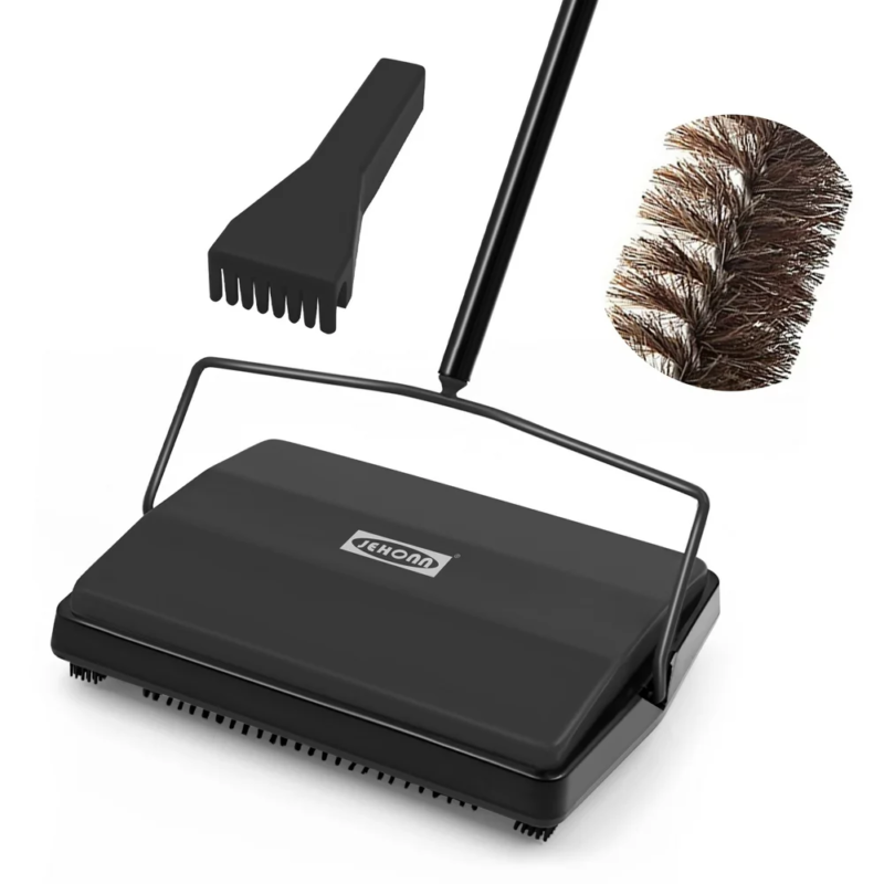 Carpet Floor Sweeper with Horsehair, Non Electric Manual Sweeping (Black)