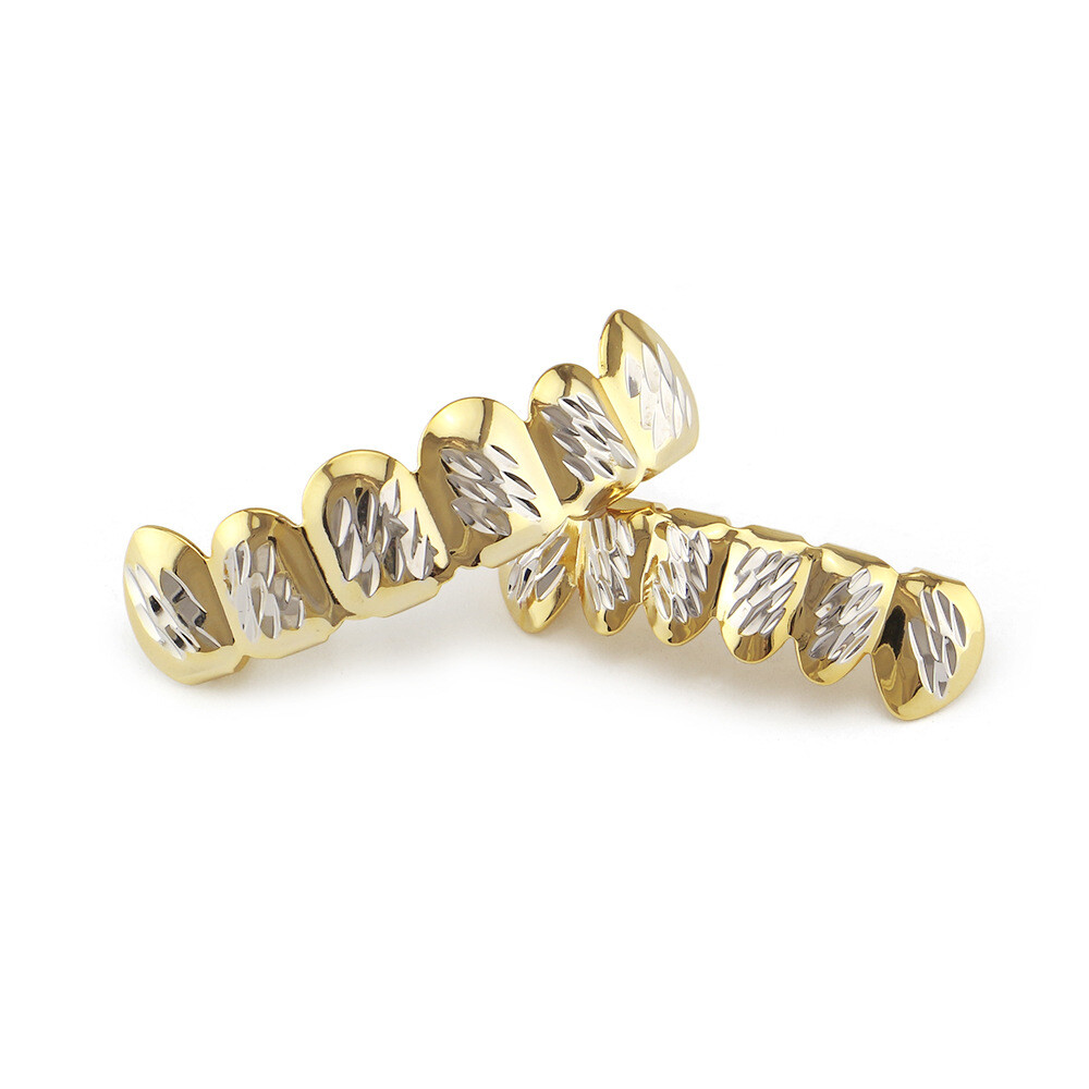 Grillz Gold Silver Two Tone Diamond Cut 6 Teeth Top+ Bottom Hip Hop Dental Grill