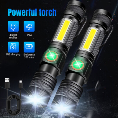 2 Pcs Super Bright LED Magnetic Flashlight Zoomable Rechargeable COB Work Light