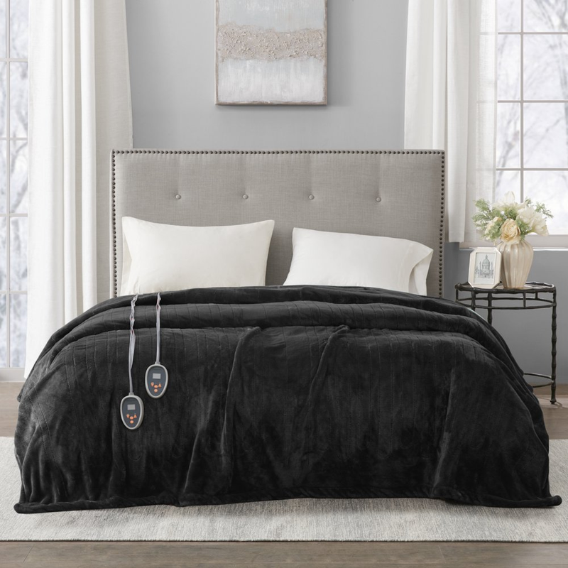 Electric Heated Blanket King Size Black Soft Plush Auto Shut Off