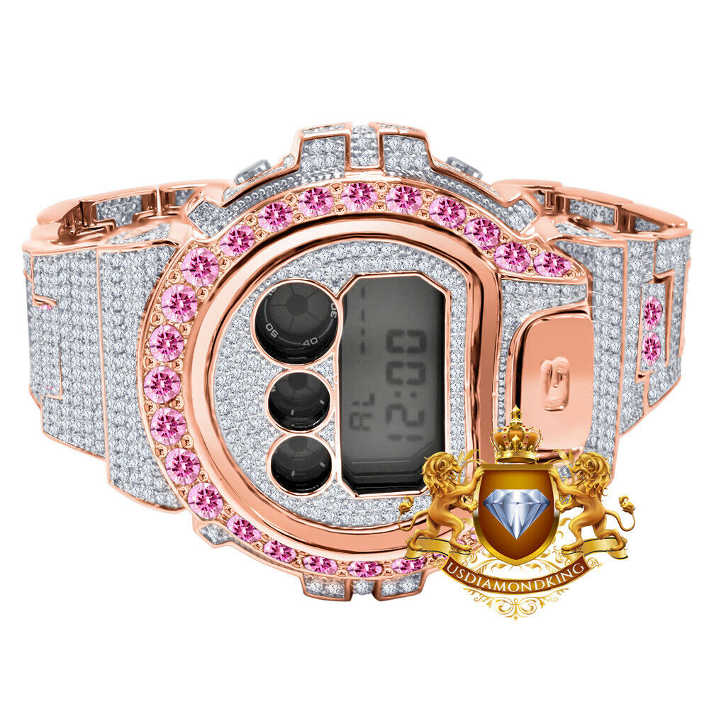 Pre-owned G-shock Pink Solitaire Rainbow Multi Rose Gold Shock Casio Dw-6900 Mens Custom Watch