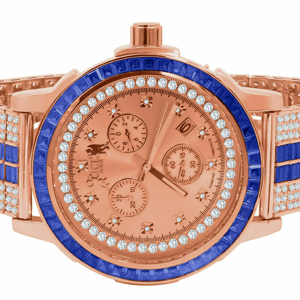 Pre-owned Ice House Sapphire Blue Real Diamond Dial Rose Gold Stainless Steel Baguette Bezel Watch