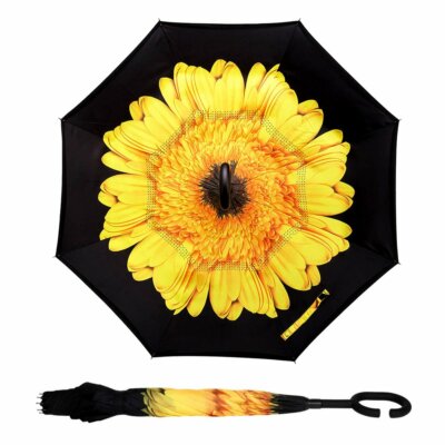 C-Handle Inverted Reverse Umbrella, Flower print (Inside-out, Upside-down)