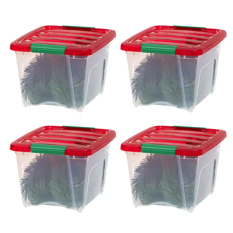 IRIS USA Holiday Storage Tote Clear Plastic Bin Red Lid Green Buckles Stackable