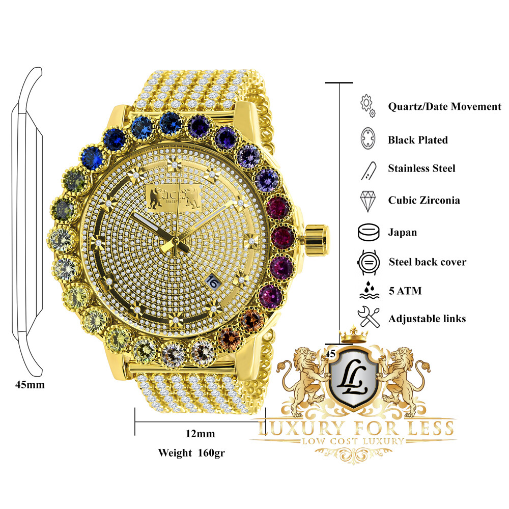 Pre-owned Prong Set Rainbow Multi Gold Tone Real Diamond Dial Men's Custom Watch Big 55mm