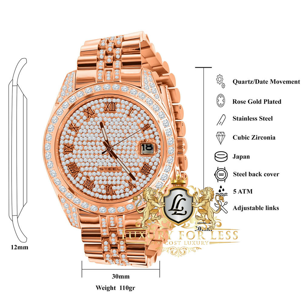Pre-owned Bling Master Men's Full Steel 18k Yellow Gold Rose Simulated Diamond Presidential Watch 40mm
