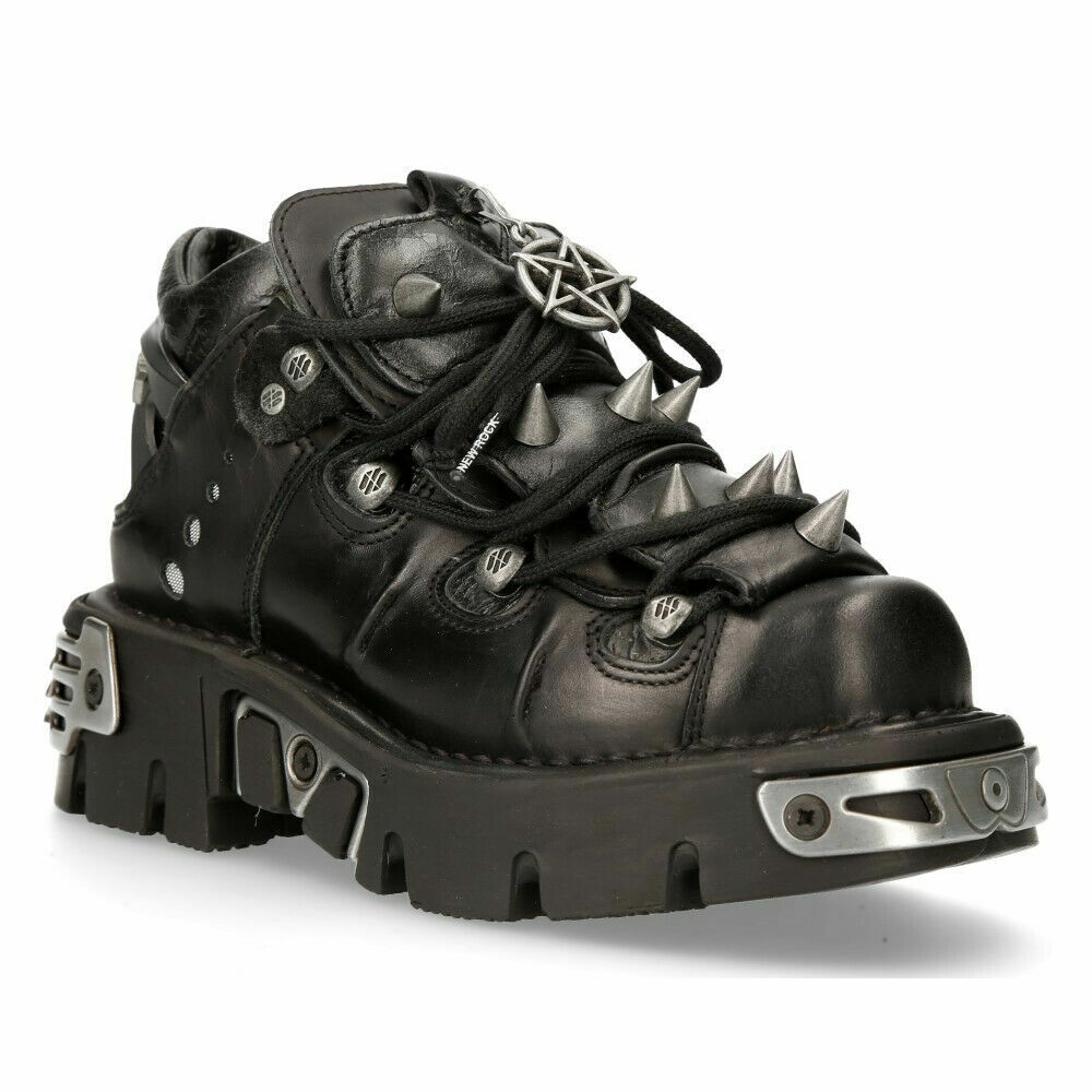 Pre-owned New Rock Rock 110-s1 Boots Unisex Black Leather Boots Rock Goth Emo Stud Low Biker