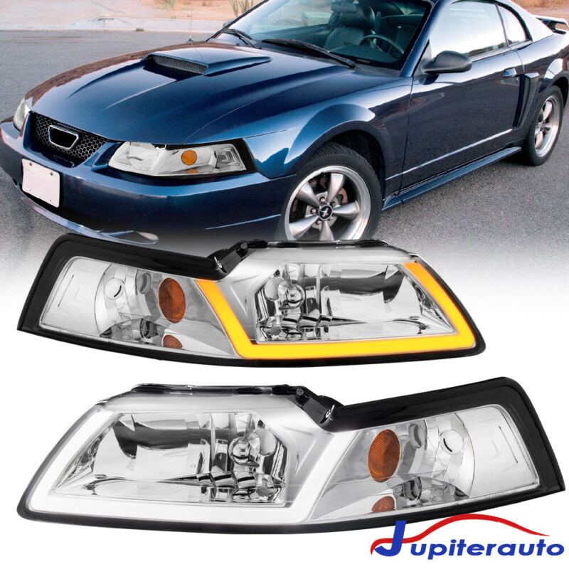 For 1999-2004 Ford Mustang Gt Svt Cobra Led Drl Chrome Headlights Lamps Lh & Rh