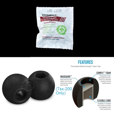 Genuine Comply Foam Ts-200 Comfort 200 In-Ear Earphone Tips, 3 Pairs Large Black