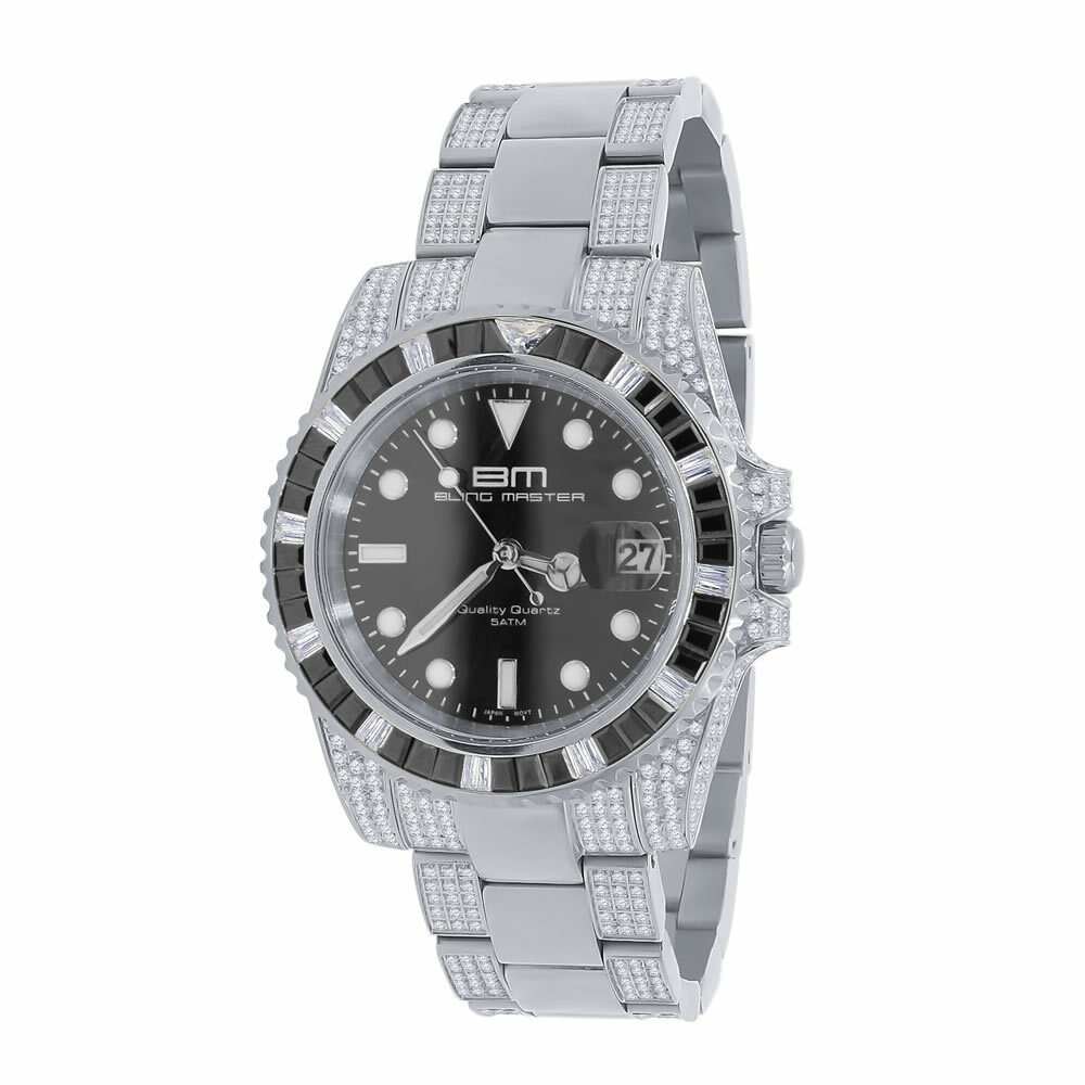 Pre-owned Bling Master 18k White Gold Men's Solid Steel Simulate Diamond 40mm Presidential Watch W/date