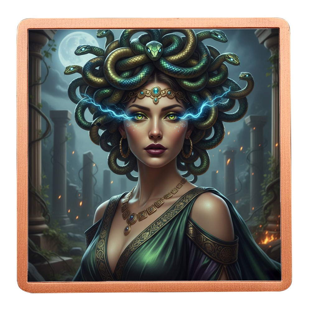 5oz .999 Copper Medusa Greek Mythology Gorgon Square Colorized Fine Art Bar