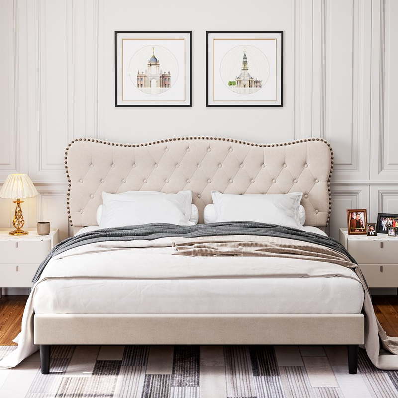 Upholstered Platform King Bed Frame Button Tufted Headboard Wood Slats Support