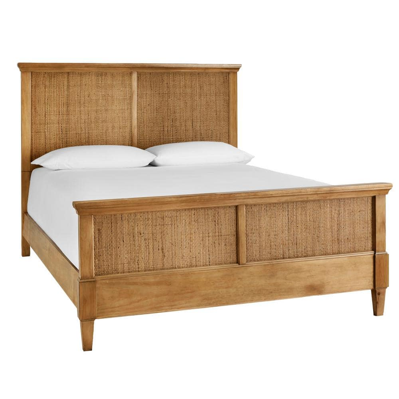 Wood Patina Finish Rattan Cane Bed Headboard Footboard