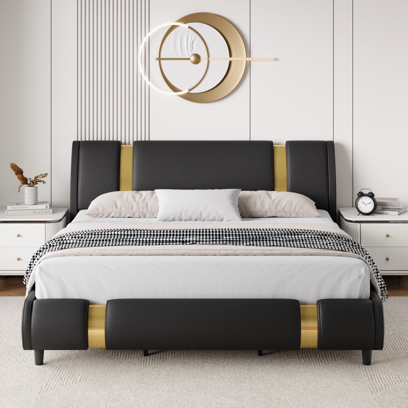 Upholstered Platform Bed Frame King Leather Modern Curved Headboard Metal Decor