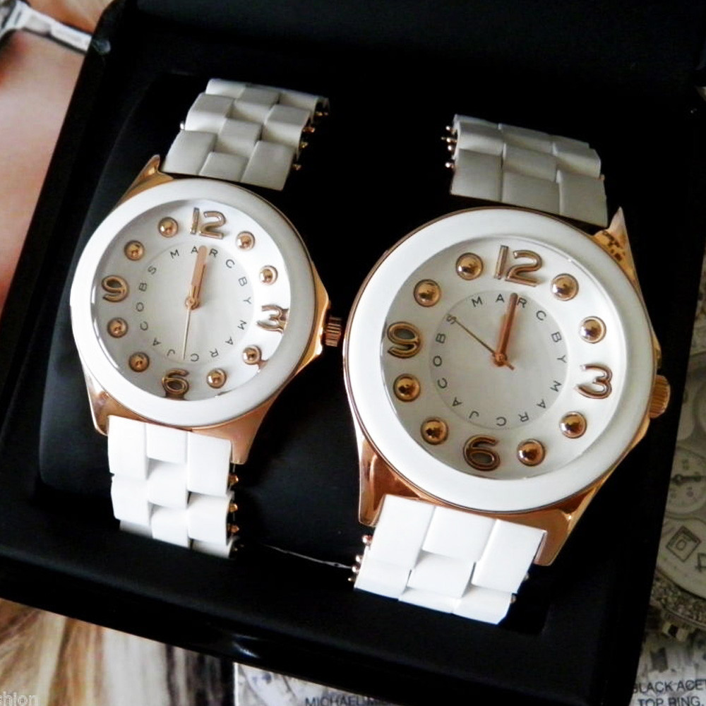 Pre-owned Marc Jacobs Set Of 2  His,hers Pelly White Silicone Wrap Rose Gold Watch Mbm9023