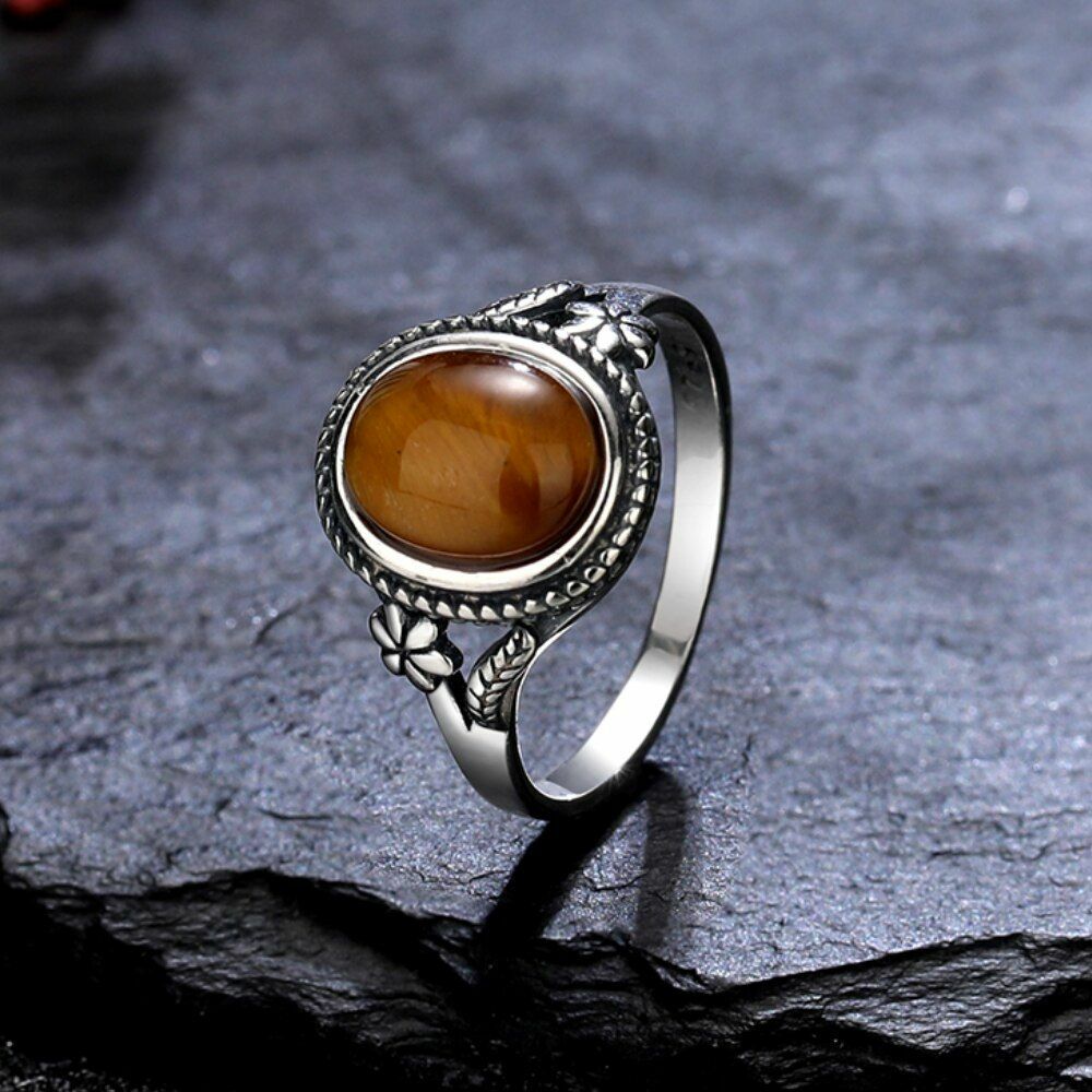 925 Sterling Silver Ring Natural Tiger's Eye Stone Finger