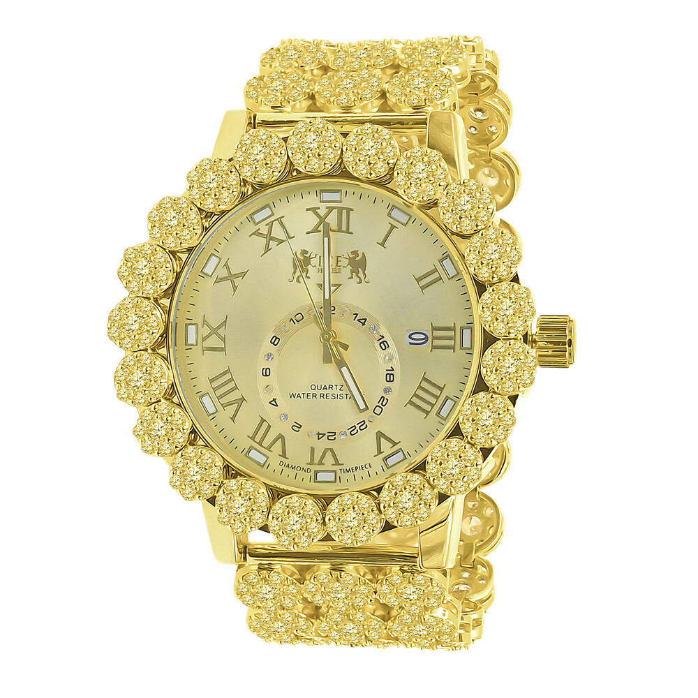 Pre-owned Icy Men's Gold Canary Real Diamonds Roman Dial Flower Band Bezel Gold Tone Watch