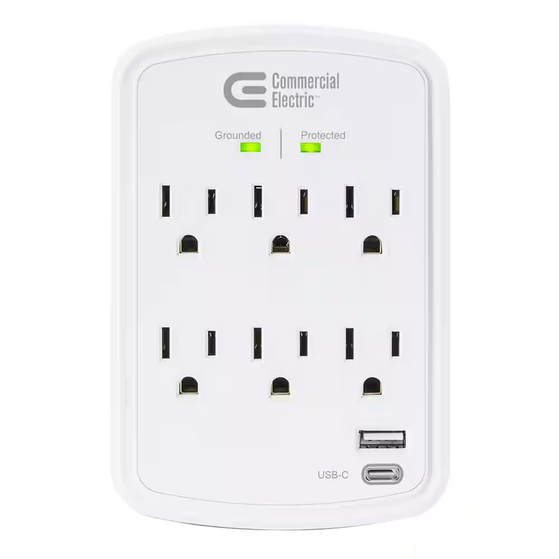 Commercial Electric Surge Protector 6 Outlet Wall Mount USB A USB C 1200 Joules