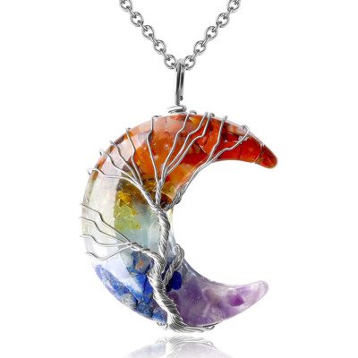 7 Chakra Stone Necklace Tree of life Moon Pendant Energy Reiki Healing Amulet