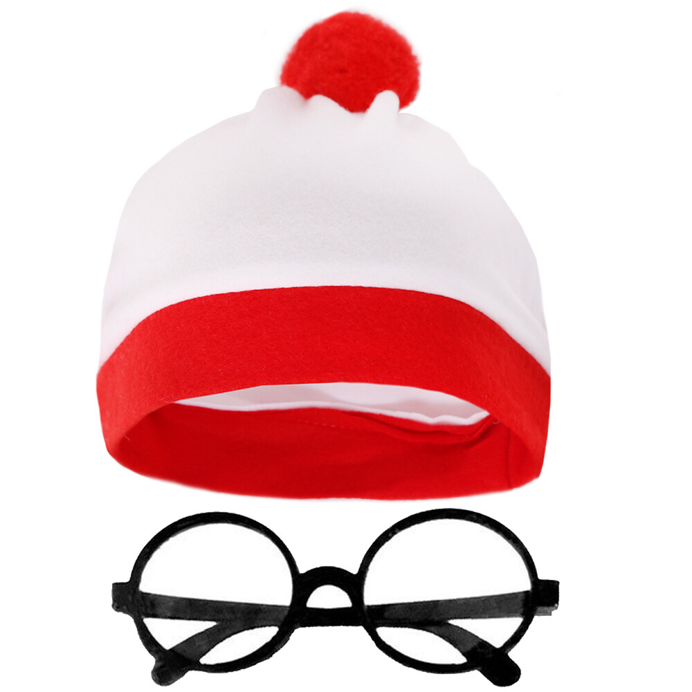 Adults Red White Stripe Top Bobble Hat Glasses Without Lens Set Party Outfit Set