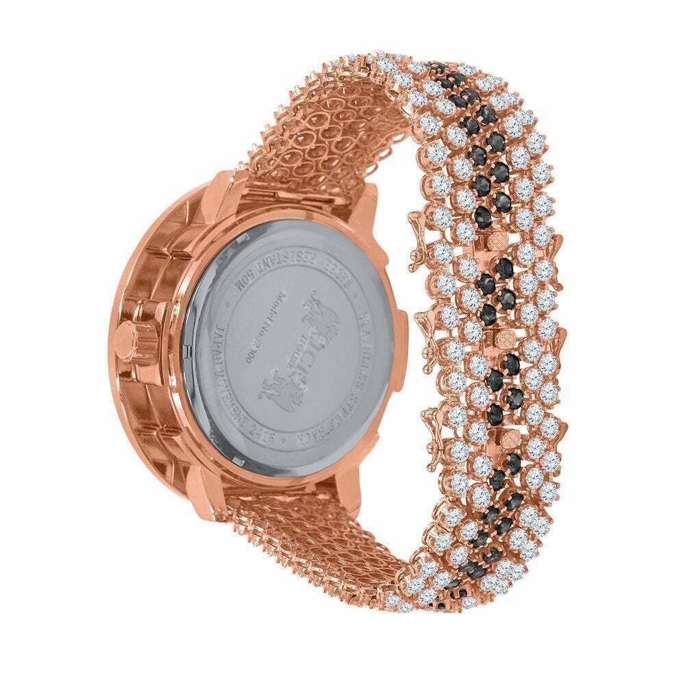 Pre-owned Solitaire Black  Xl Big Face Simulate Diamond 18k Rose Gold Tone W/date Watch