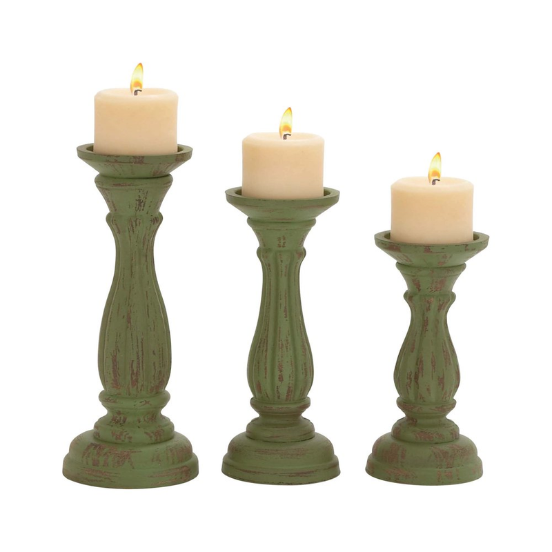 DecMode 3 Candle Green Wood Candle Holder, Set of 3, 5.00 x 5.00 x 15.00 Inches