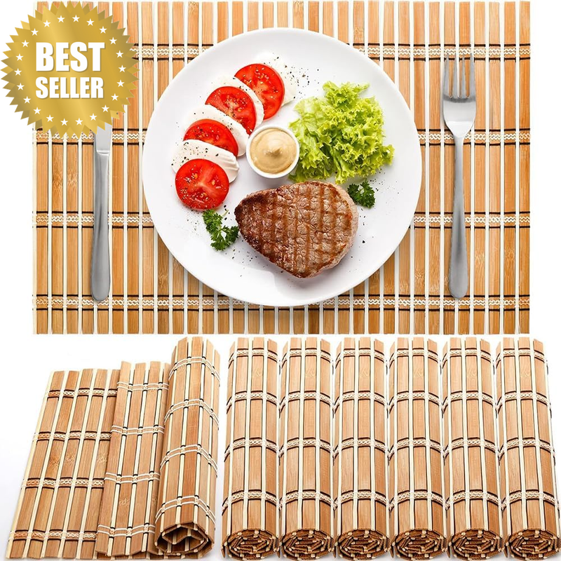 8 Pack Natural Bamboo Placemats, Sushi Roll Mats, Vintage Style, Non-Slip, Heat