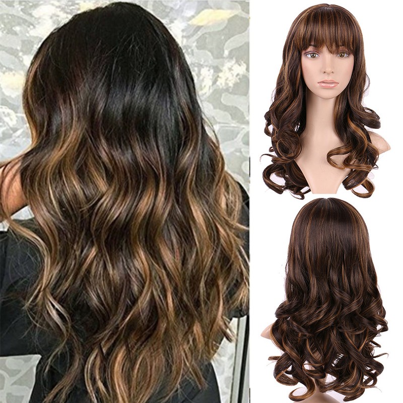 Real Thick Women Ladies Brown Blonde Ombre Full Wig With Bangs Natural Wavy Kmc3