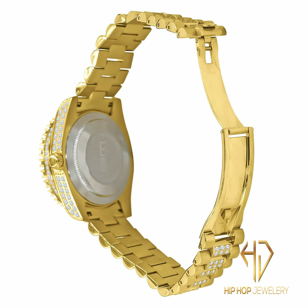 Pre-owned Bling Master 18k Yellow Gold Tone Stainless Steel Simulated Diamonds Presidential Watch 41mm