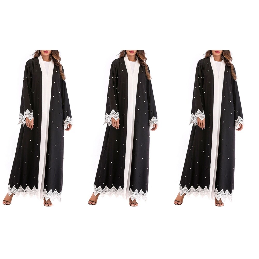 MARKENLOS 3 STÜCKE FRAUEN ROBE LOSE LANGARM PATCHED PERLEN MODE DUBAI KAFTAN MUSLIM KLEID
