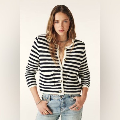 NWT Ba&sh Bash Gaspard Tweed Cardigan Jacket  in Ecru Black Stripe | size 2 / M