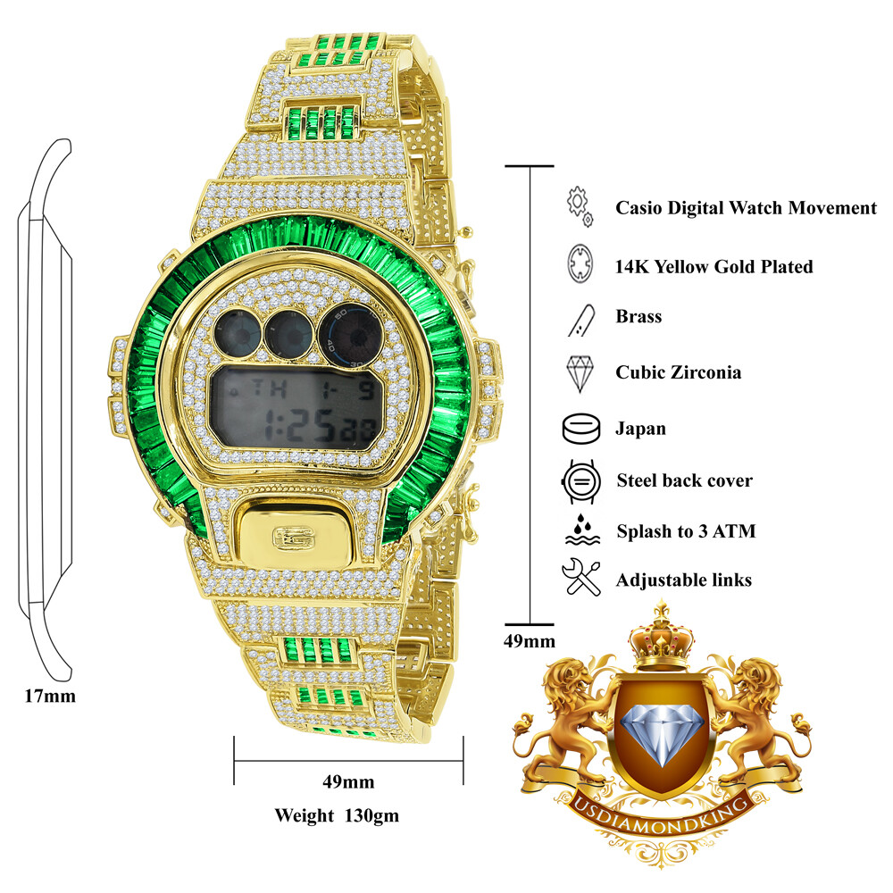 Pre-owned Usdiamondking Baguette Green Emerald Gold Finish Casio Shock Authentic Dw-6900 Custom Watch