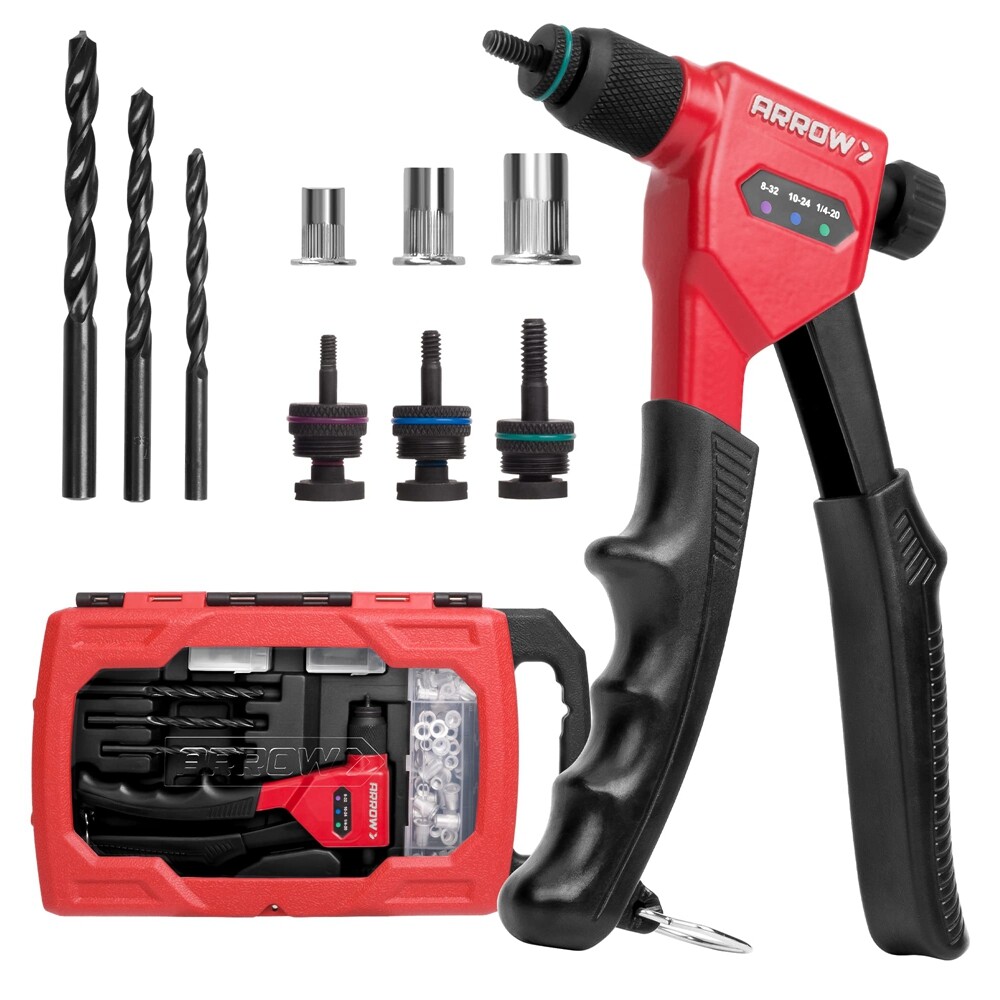 Arrow Rivet Nut Tool 8" Rivet Nut Gun Kit 75PCS Rivnuts 3PCS Drills 3PC Mandrels