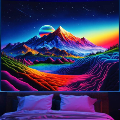 Blacklight Posters Space Mountain Tapestry for Bedroom, UV Reactive Sun Nature F