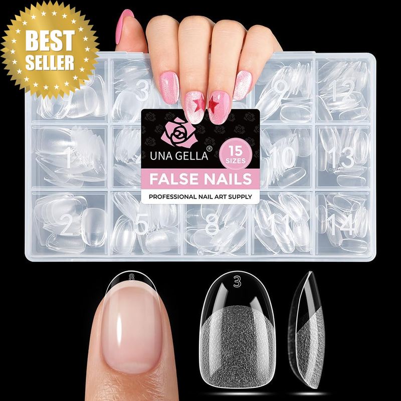 Oval Gel Nail Tips Short 15 Sizes 300PCS, Pre-Etched Clear Acrylic Nail Tips Eas