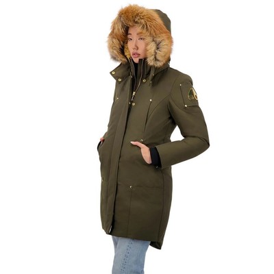 Pre-owned Moose Knuckles Goldfarbener Parka Fur Damen Mit Blauer Fuchsfellkrause In Army In Grün