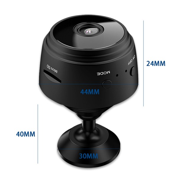 Compact black 360-degree camera with dimensions.