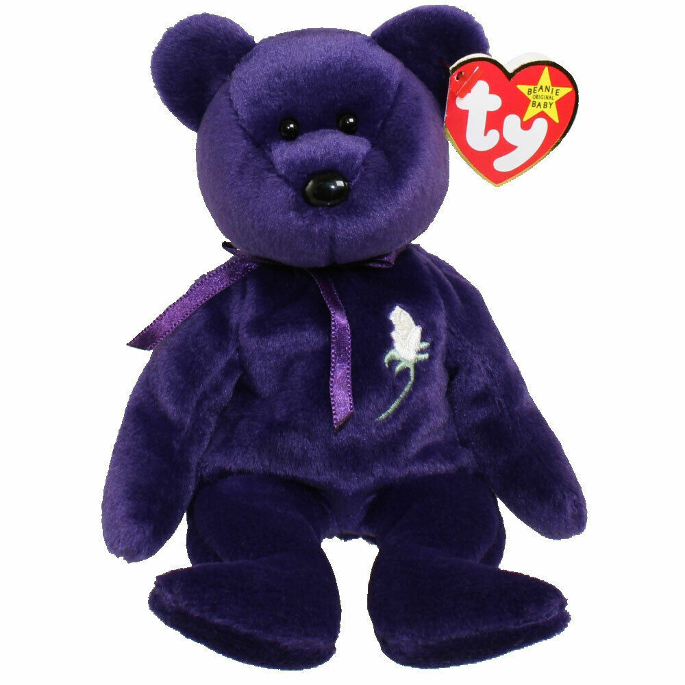 purple beanie baby with white flower