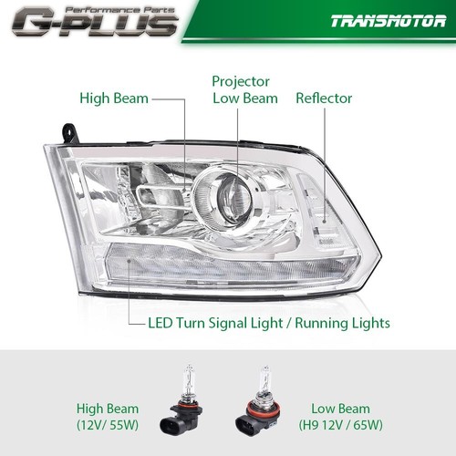 Fit For 2013-2018 Dodge Ram 1500 2500 3500 Chrome Projector Headlights w/LED DRL