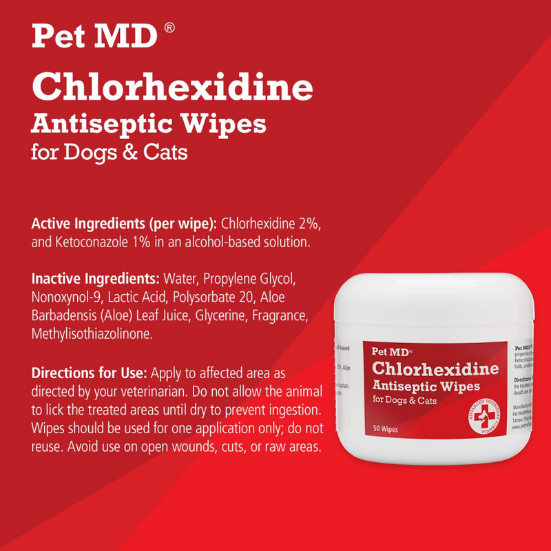 Pet MD Chlorhexidine Wipes with Ketoconazole and Aloe for Cats and Dogs, 50 Coun