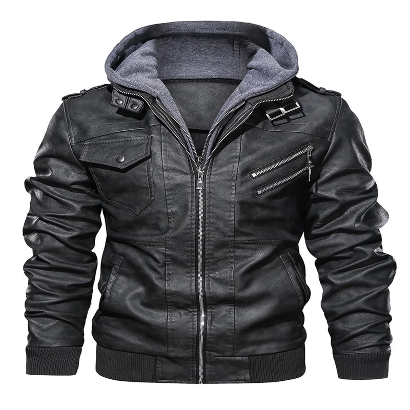 Stand Collar Bomber Jacket Removable Hoodie Men Genuine Faux Leather Zip Fashion